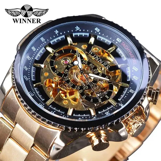 Winner New 2023 Clock Black Golden Skeleton Dial Luminous Design Mechanical Watch Men Top New Luxury Watch Clock
