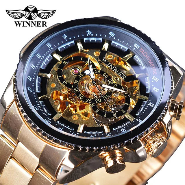 Winner New 2023 Clock Black Golden Skeleton Dial Luminous Design Mechanical Watch Men Top New Luxury Watch Clock