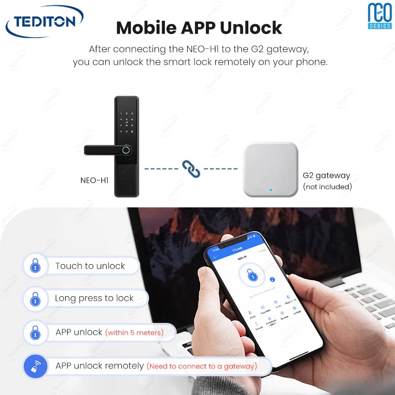 Tediton NEO Cerradura Inteligente Para Puerta Hotel Electronic Digital TTlock Remote Control Waterproof Smart Door Lock