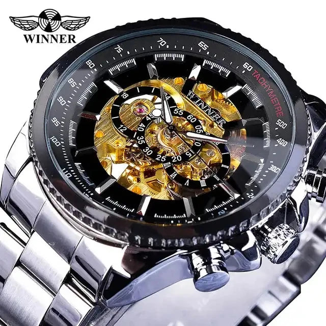 Winner New 2023 Clock Black Golden Skeleton Dial Luminous Design Mechanical Watch Men Top New Luxury Watch Clock