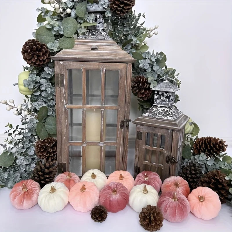 Autumn Harvest Halloween Thanksgiving 12- Pumpkin Decorations, Festive Pink Peach Cream Fabric Pumpkins Table Centerpieces